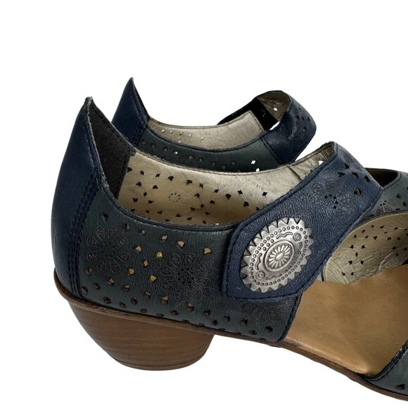 Rieker Antistress LaserCut Blue Leather Comfort Mary Jane Heels Velcro Strap Sz9 - Picture 2 of 11